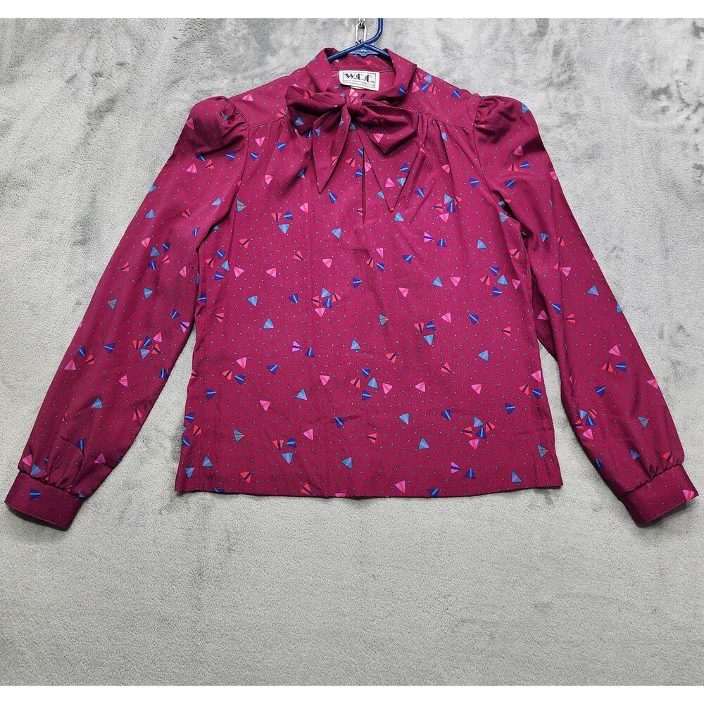 Vintage 80s W.C.C. Top Womens‎ M Dark Pink Geometric Kites Sailboats Tie Neck